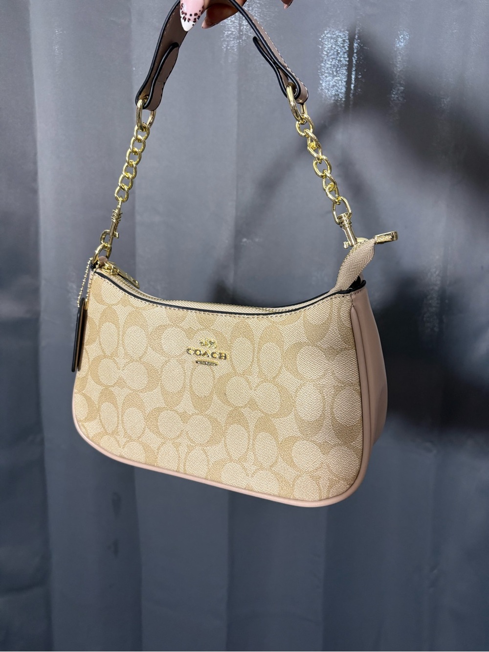 COACH Beige Signature Canvas Shoulder Bag with Tan Trim and Gold Chain